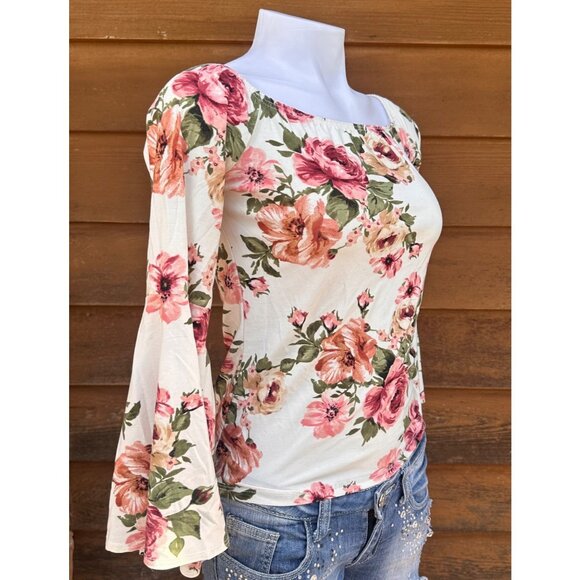 Polly & Esther Off the Shoulders Floral Bell Sleeve Top Size S - Picture 6 of 8
